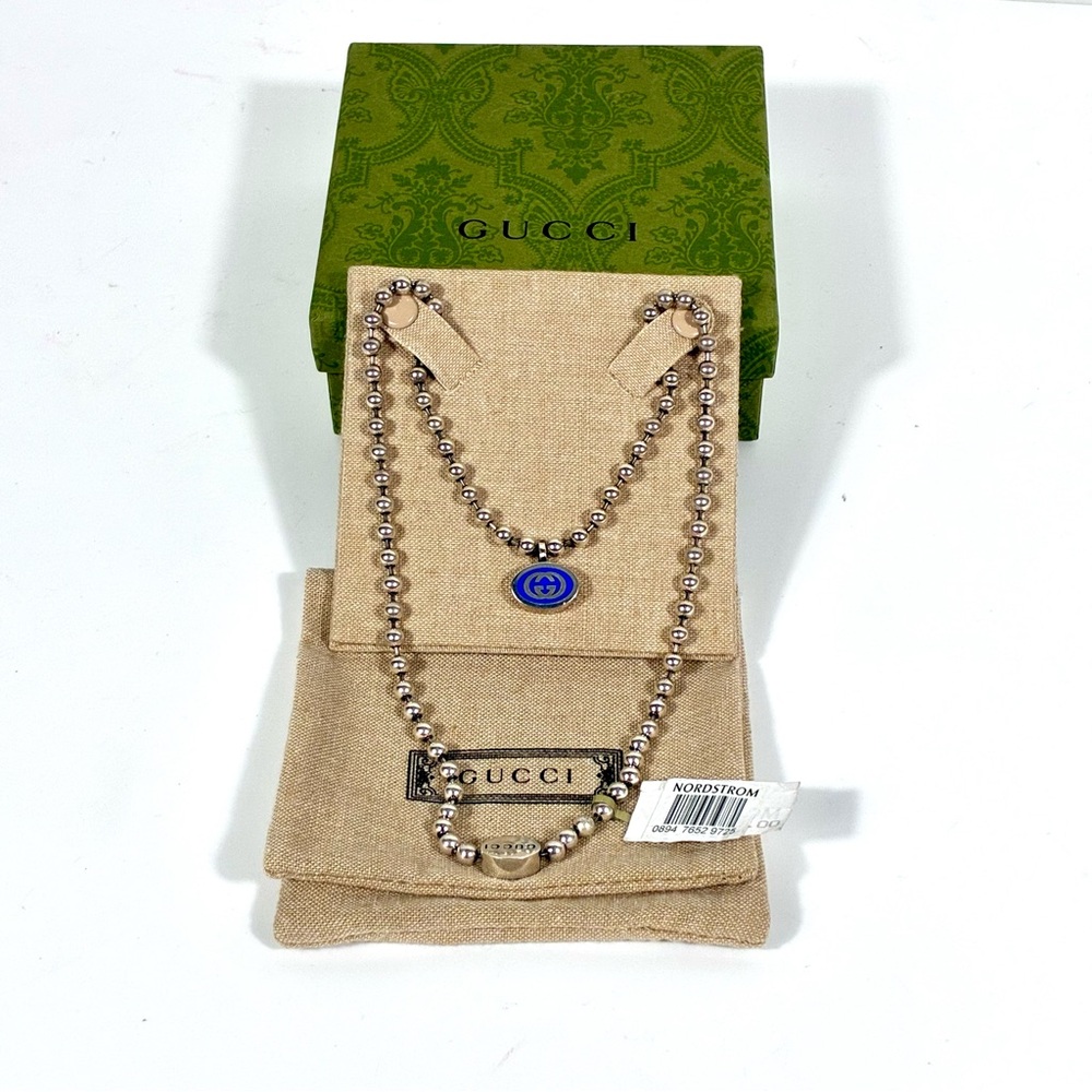 Gucci Interlocking Sterling Silver Boule Chain Necklace With Blue Enamel NEW